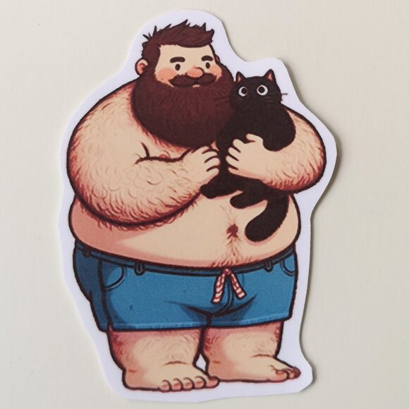 Lot of 7 Men Bear Dad Bod Holding Cats Stickers Cute Gay LGBT - Picture 7 of 8